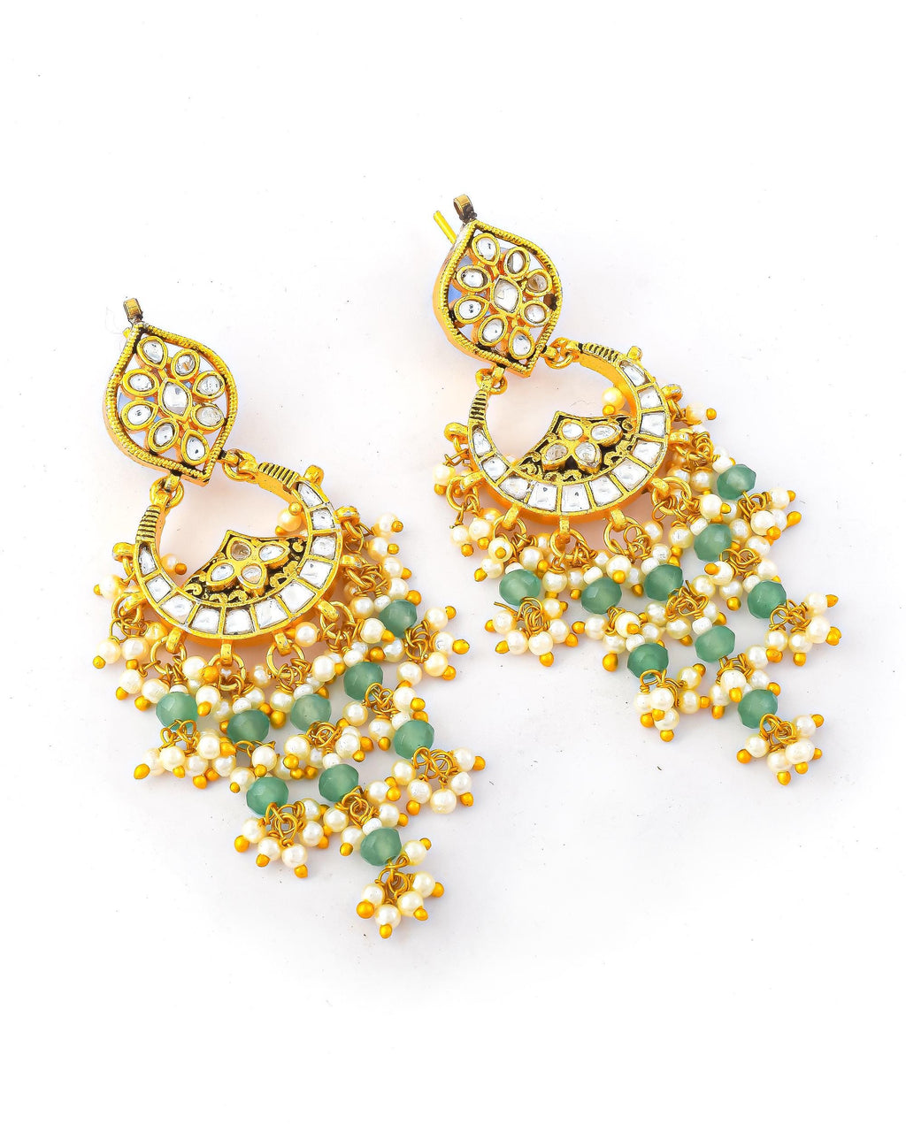 Heritage Pachi Kundan Chandbali Earrings with Mint Green Beads & Pearls  Indian Festive Jewellery