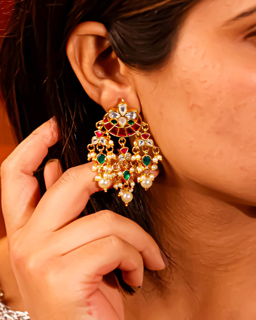 Pachi Kundan Chandbali Earrings, Ruby Emerald Pearl Latkan, Indian Bridal Jewelry
