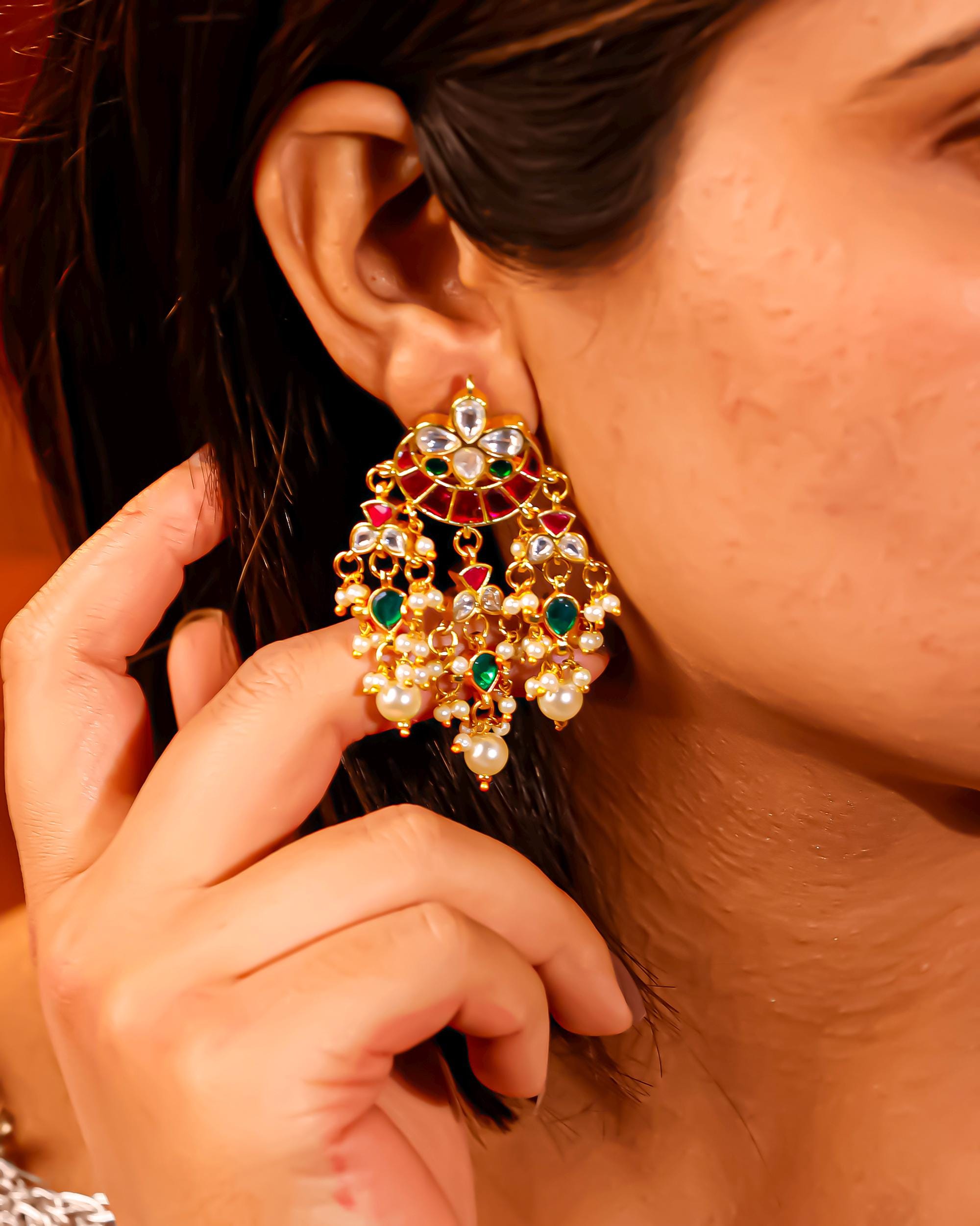 Pachi Kundan Chandbali Earrings, Ruby Emerald Pearl Latkan, Indian Bridal Jewelry