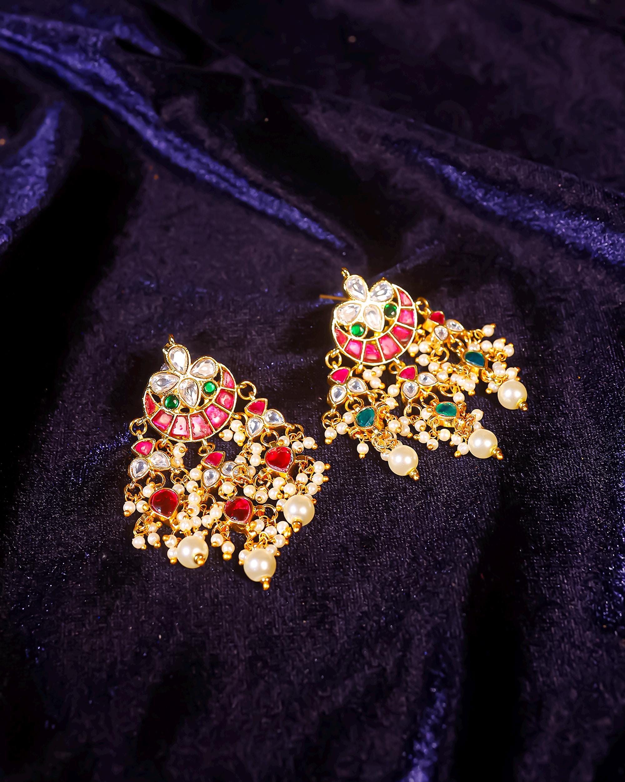 Pachi Kundan Chandbali Earrings, Ruby Emerald Pearl Latkan, Indian Bridal Jewelry