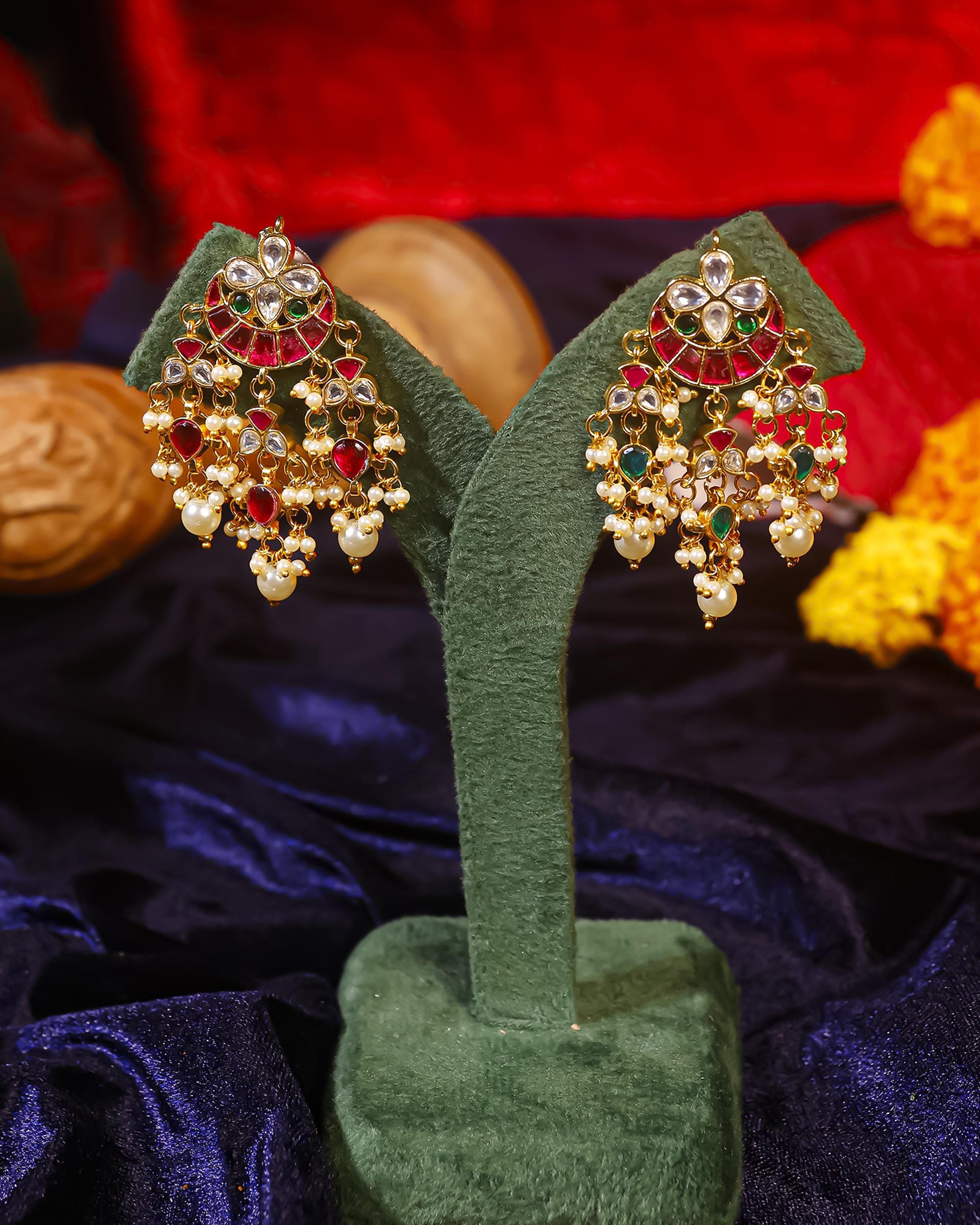 Pachi Kundan Chandbali Earrings, Ruby Emerald Pearl Latkan, Indian Bridal Jewelry