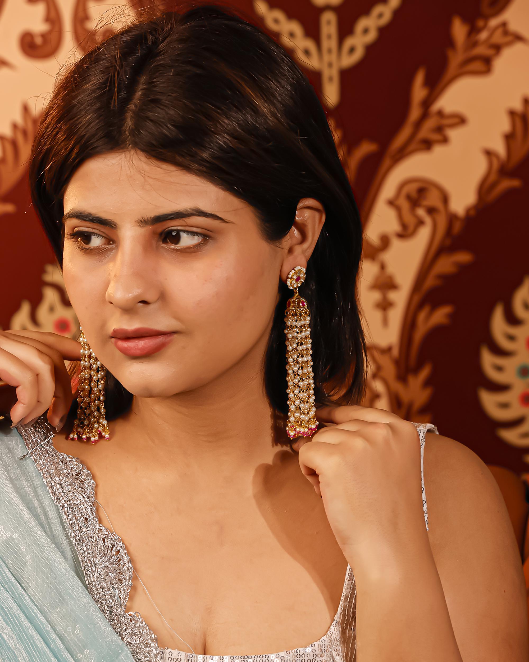Long Pearl Tassel Jhumka Earrings, Pachi Kundan Bridal Wedding Jewelry