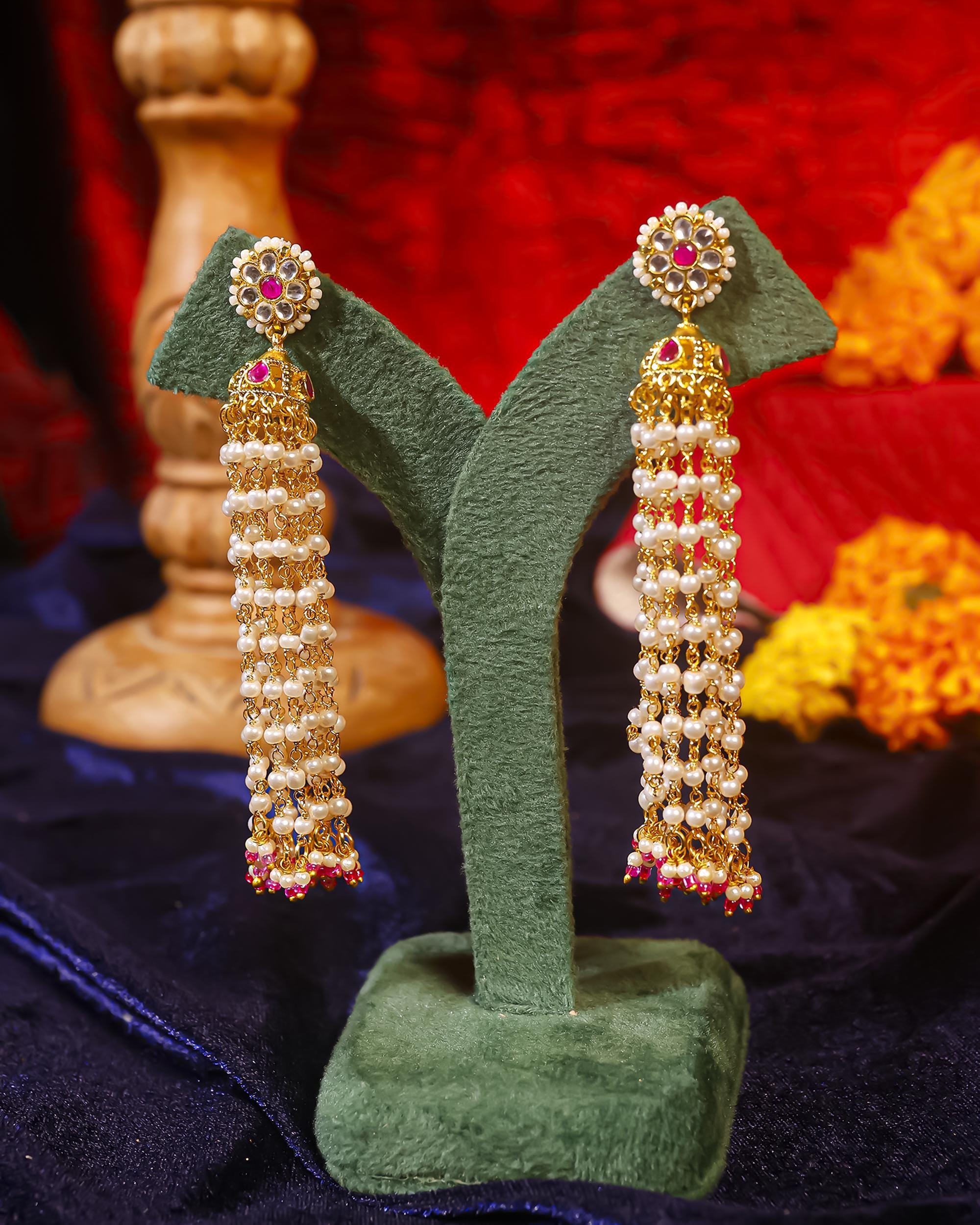 Long Pearl Tassel Jhumka Earrings, Pachi Kundan Bridal Wedding Jewelry