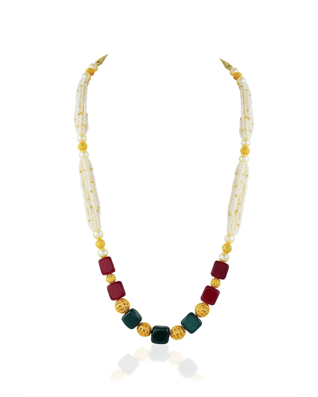 Multi Strand Pearl Mala Necklace with Ruby, Emerald Gemstones, Gold Filigree Indian Jewelry
