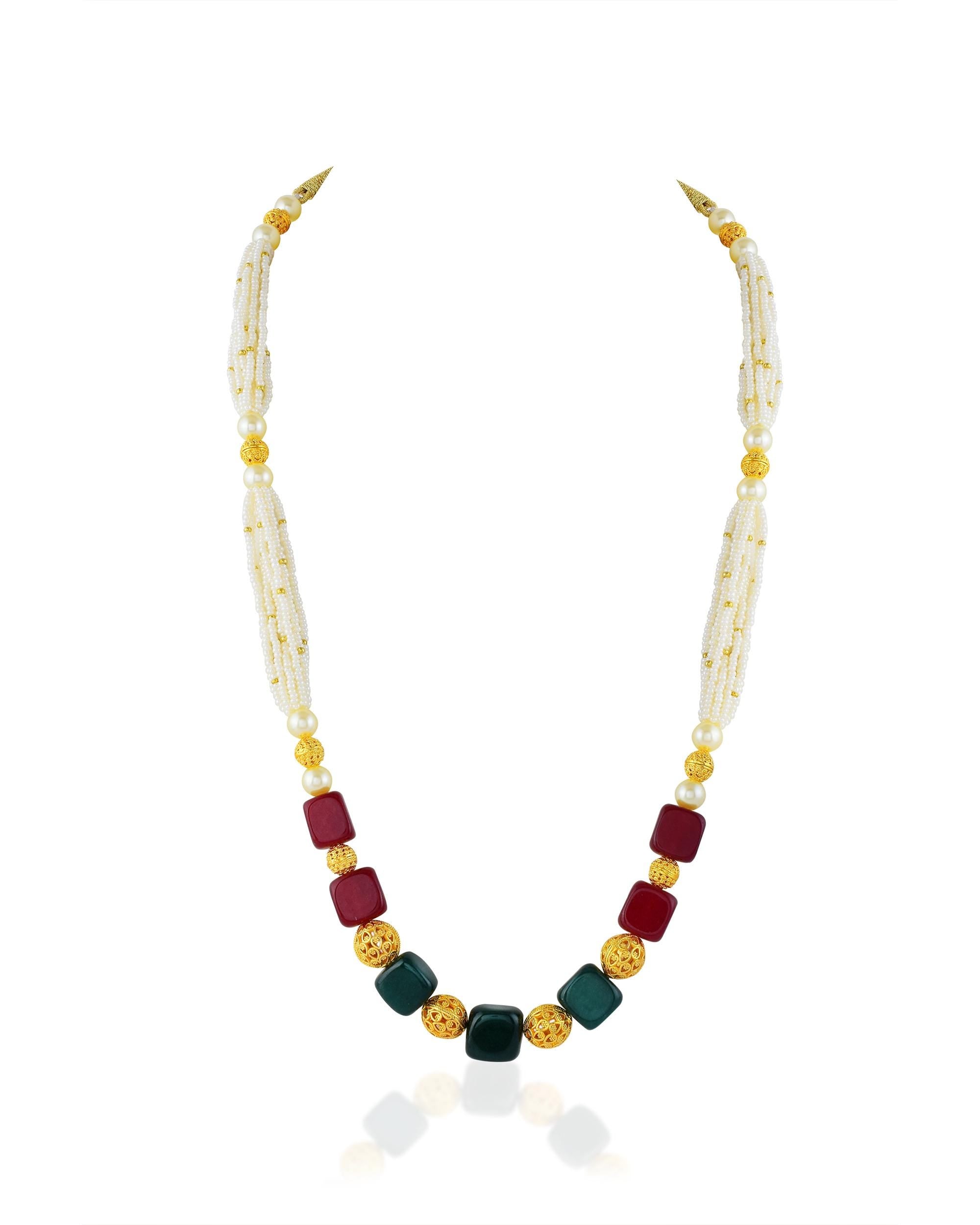 Multi Strand Pearl Mala Necklace with Ruby, Emerald Gemstones, Gold Filigree Indian Jewelry