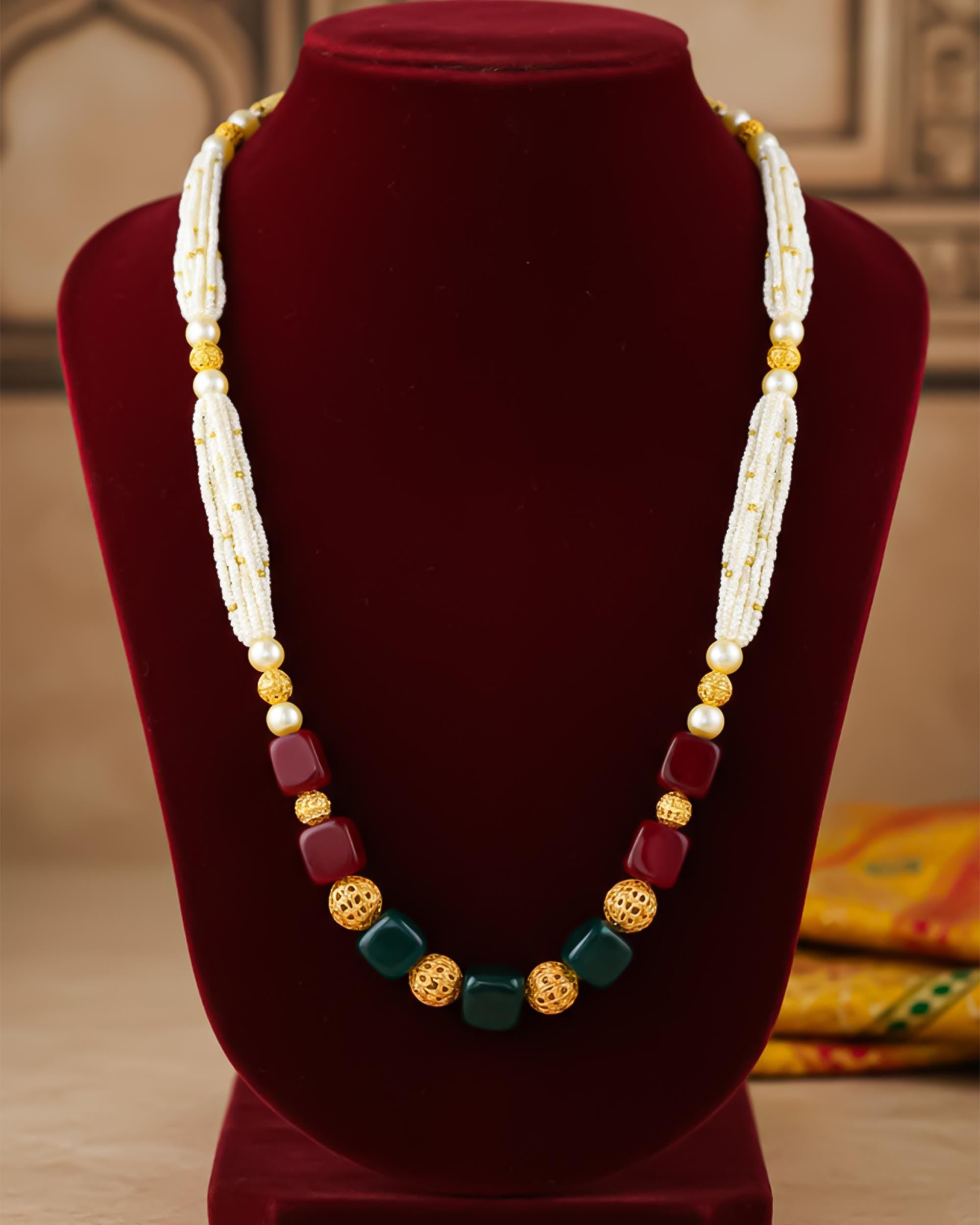 Multi Strand Pearl Mala Necklace with Ruby, Emerald Gemstones, Gold Filigree Indian Jewelry