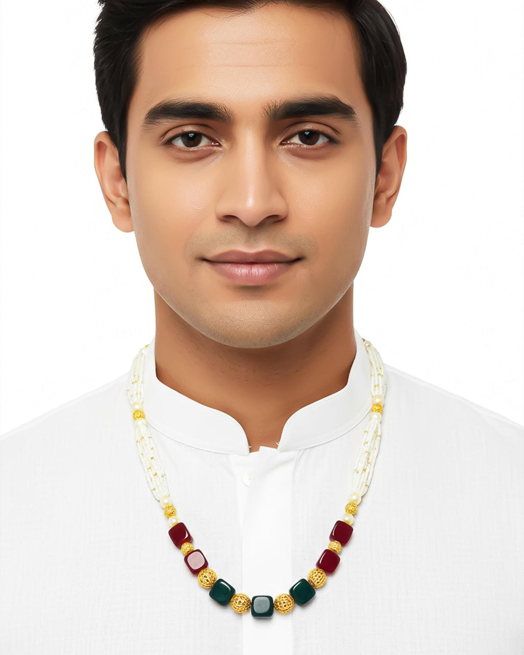 Multi Strand Pearl Mala Necklace with Ruby, Emerald Gemstones, Gold Filigree Indian Jewelry