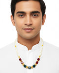 Multi Strand Pearl Mala Necklace with Ruby, Emerald Gemstones, Gold Filigree Indian Jewelry