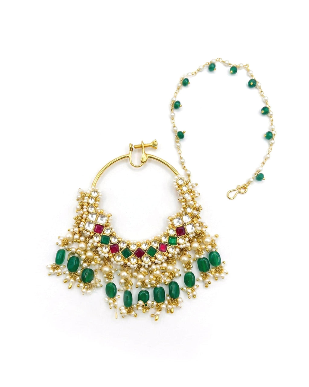 bridal nath Traditional Bridal Nath with Sahara Chain, Kundan Pearl Nose Ring, Green Drops, Ethnic Jewelry