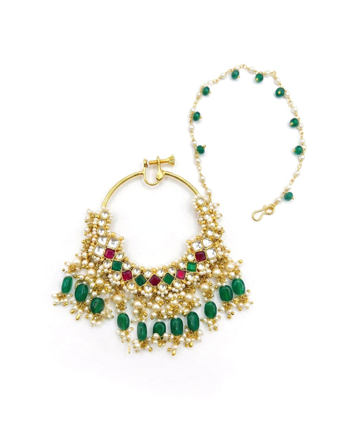 Nath nupcial Nath nupcial tradicional con cadena Sahara, aro de nariz de perla Kundan, gotas verdes, joyería étnica