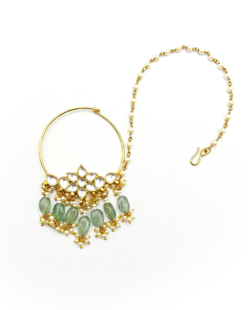 Blumen-Kundan-Nath mit mintgrünen Tropfen, Perlenketten-Nasenring, indischer Hochzeitsschmuck