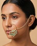 Floral Kundan Nath with Mint Green Drops, Pearl Chain Nose Ring, Indian Wedding Jewelry