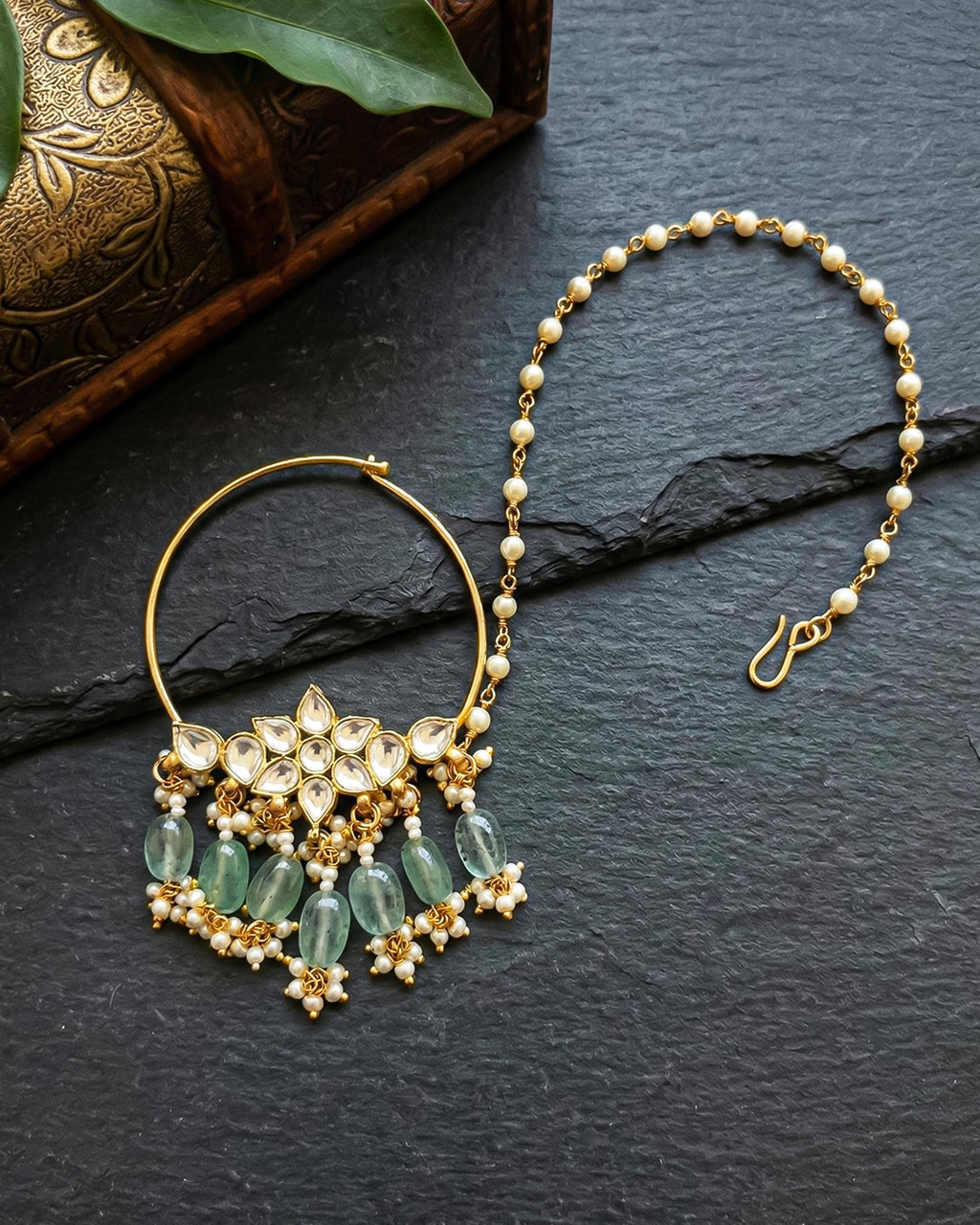 Floral Kundan Nath with Mint Green Drops, Pearl Chain Nose Ring, Indian Wedding Jewelry