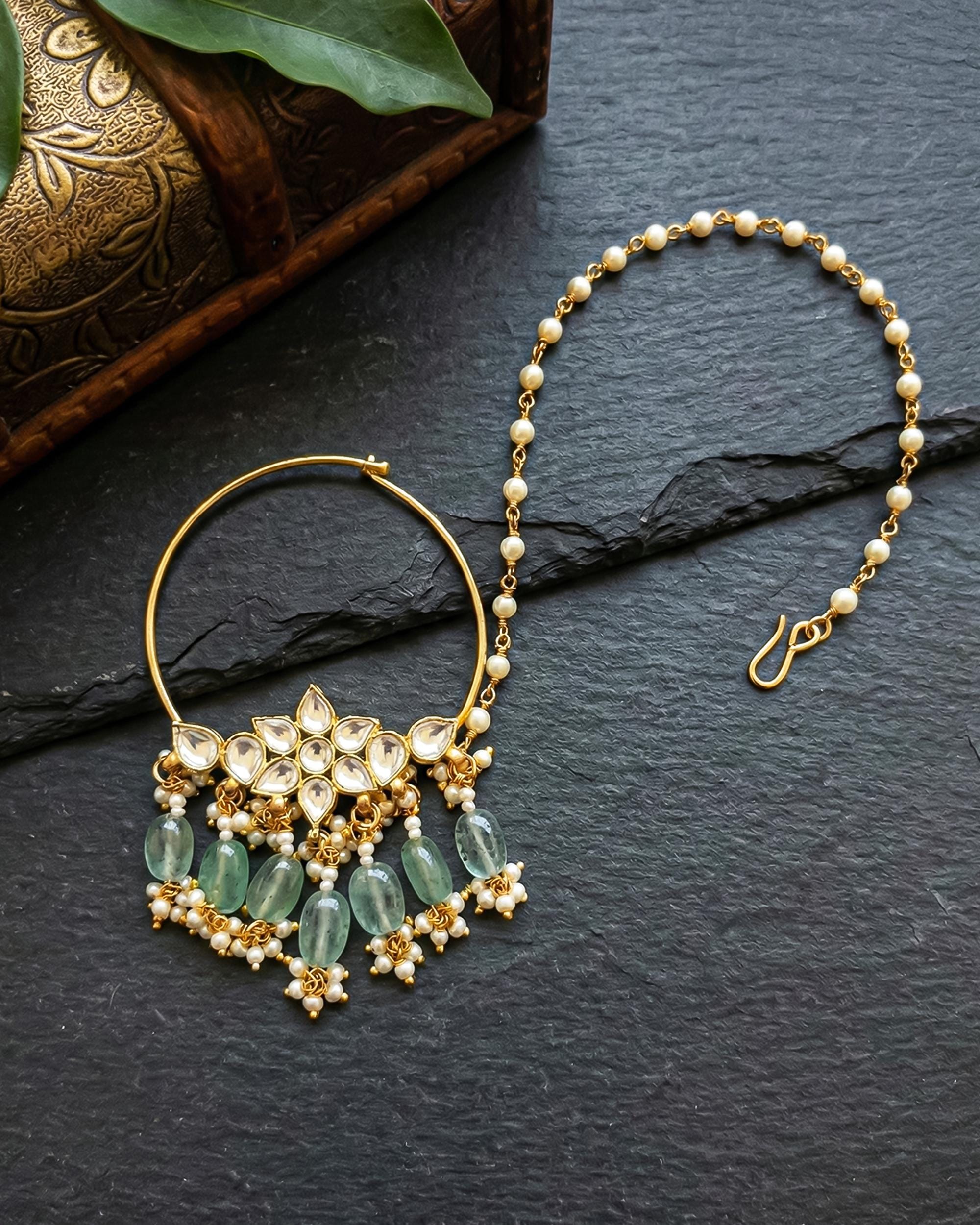 Floral Kundan Nath with Mint Green Drops, Pearl Chain Nose Ring, Indian Wedding Jewelry