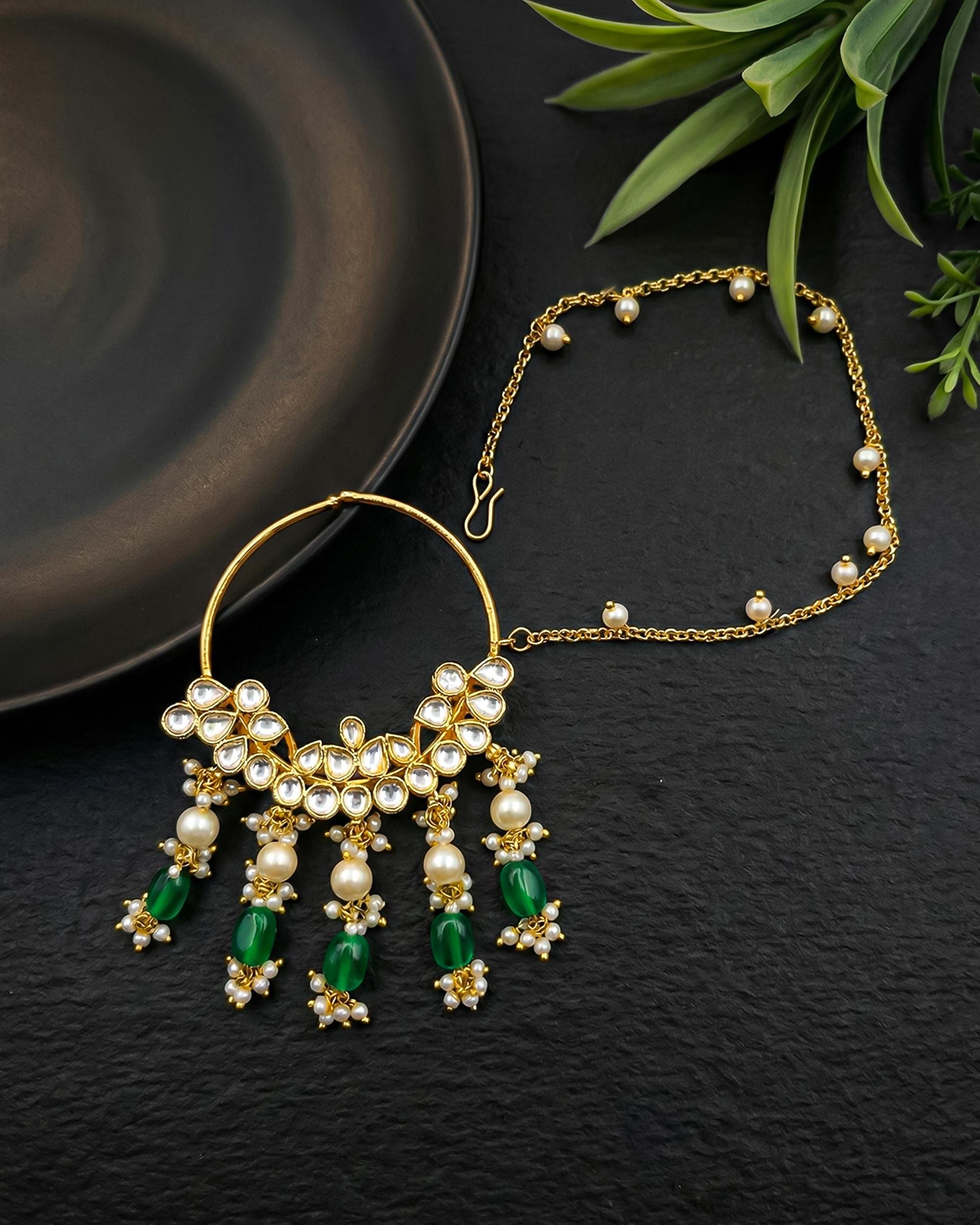 Gold Plated Bridal Nath with Kundan Crescent | Pearl Emerald Drop Nose Ring, Sahara Chain