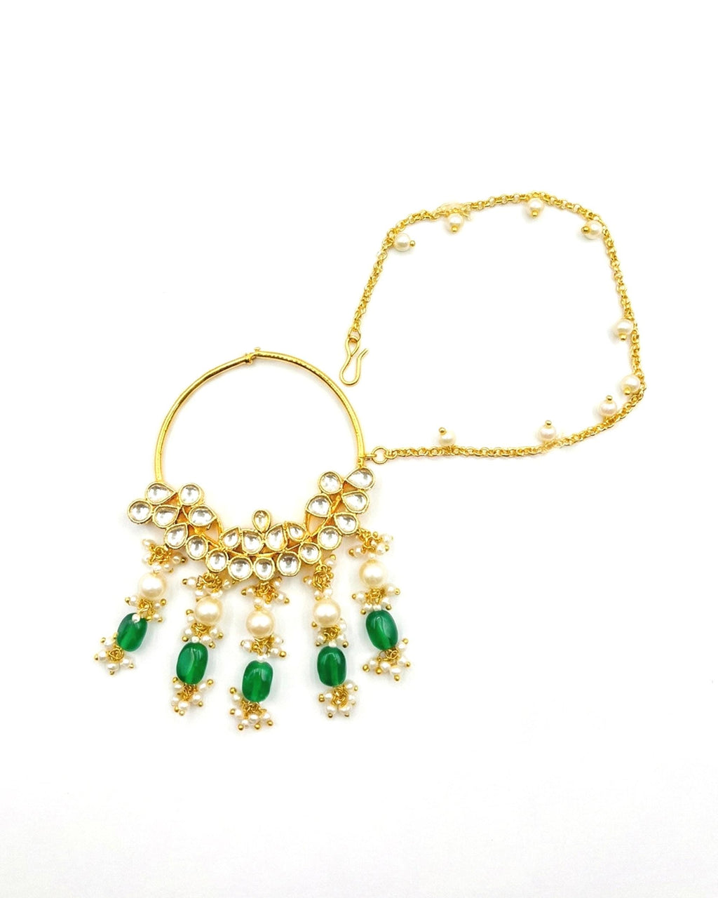Gold Plated Bridal Nath with Kundan Crescent | Pearl Emerald Drop Nose Ring, Sahara Chain