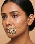 Gold Plated Bridal Nath with Kundan Crescent | Pearl Emerald Drop Nose Ring, Sahara Chain