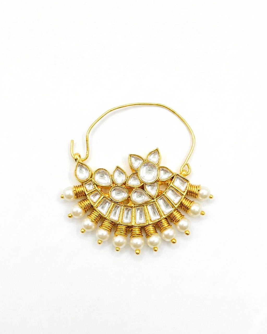 All White Kundan Bridal Nath | Gold Plated Crescent Pearl Nose Ring