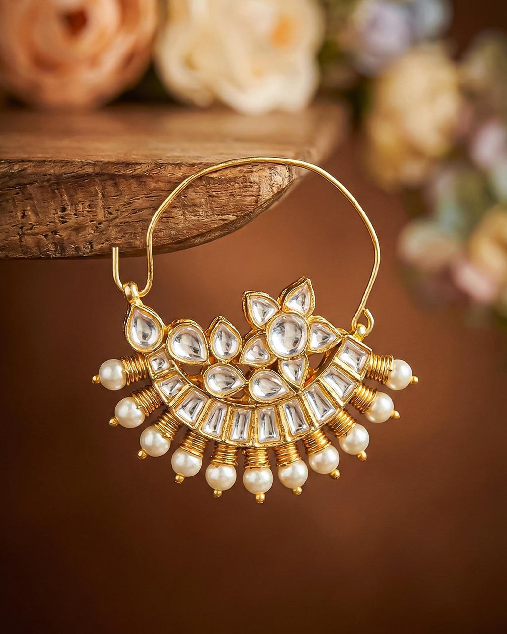 All White Kundan Bridal Nath | Gold Plated Crescent Pearl Nose Ring