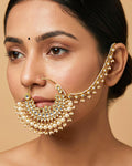 Kundan Bridal Nath with Pearl Clusters | Traditional Indian Wedding Nose Ring with Sahara Chain