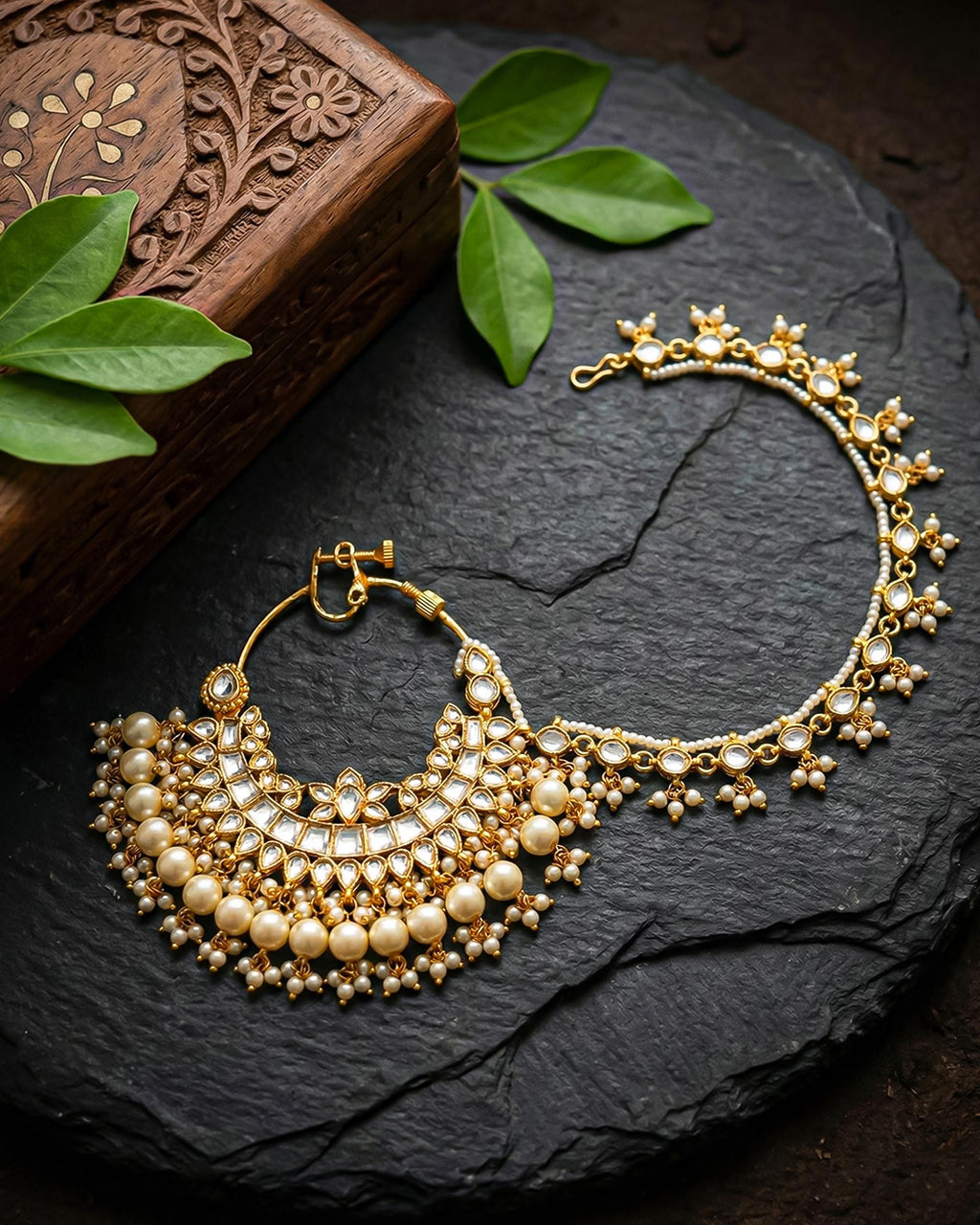Kundan Bridal Nath with Pearl Clusters | Traditional Indian Wedding Nose Ring with Sahara Chain