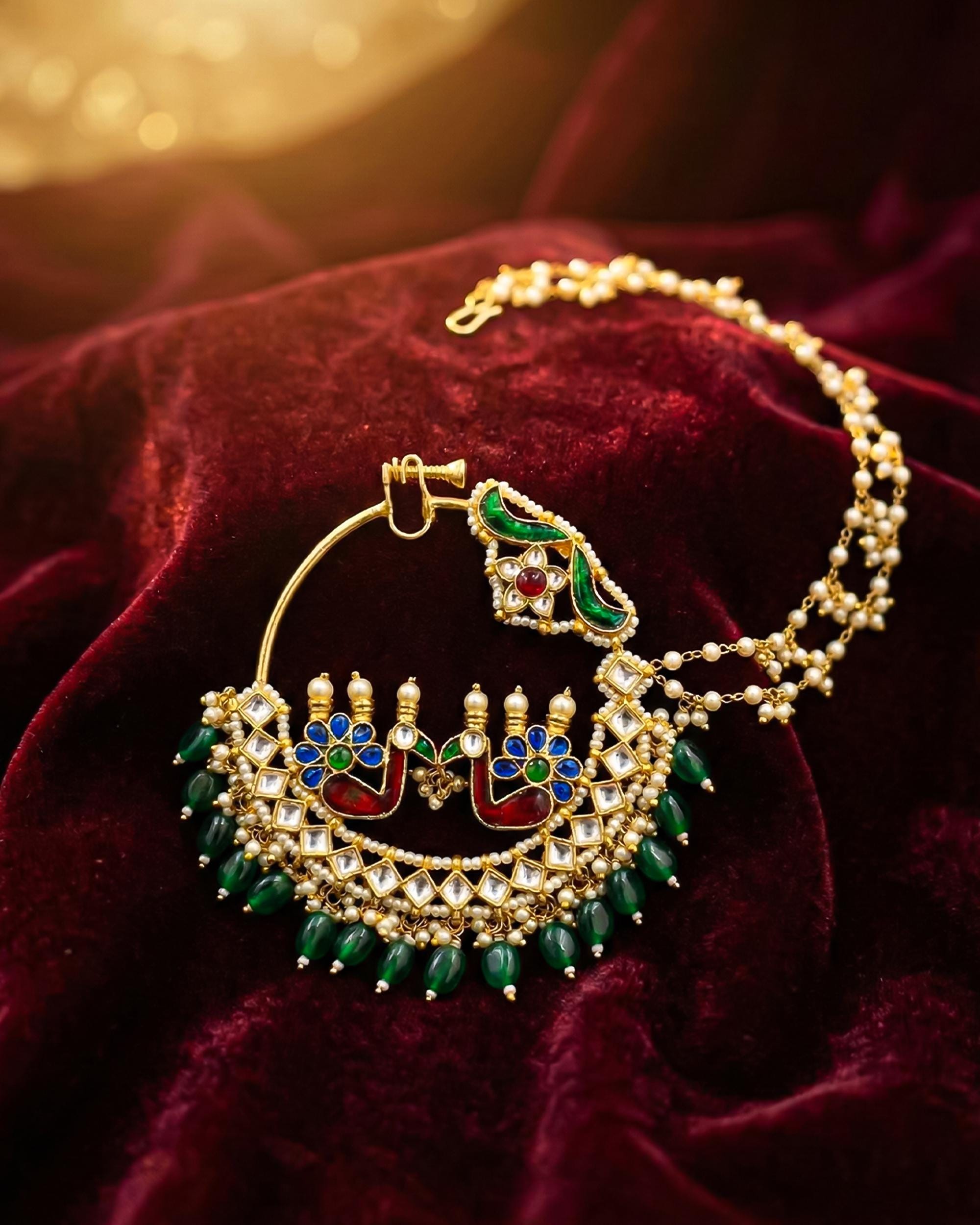 Royal Twin Peacock Meenakari Bridal Nath | Gold Plated Kundan Pearl Nose Ring Sahara Chain