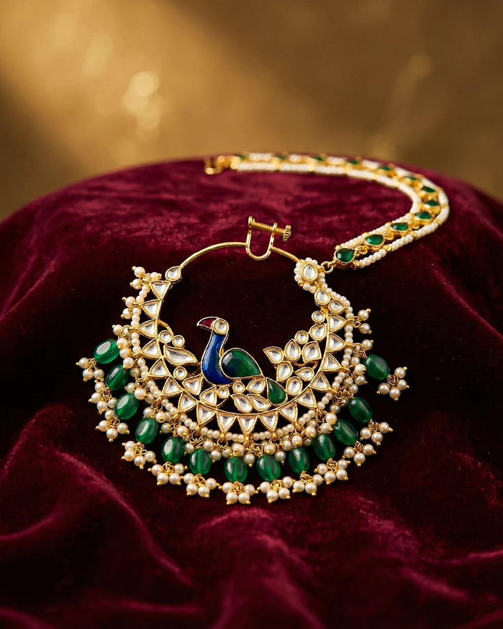 Royal Peacock Meenakari Bridal Nath | Gold Plated Kundan Emerald Nose Ring with Sahara Chain