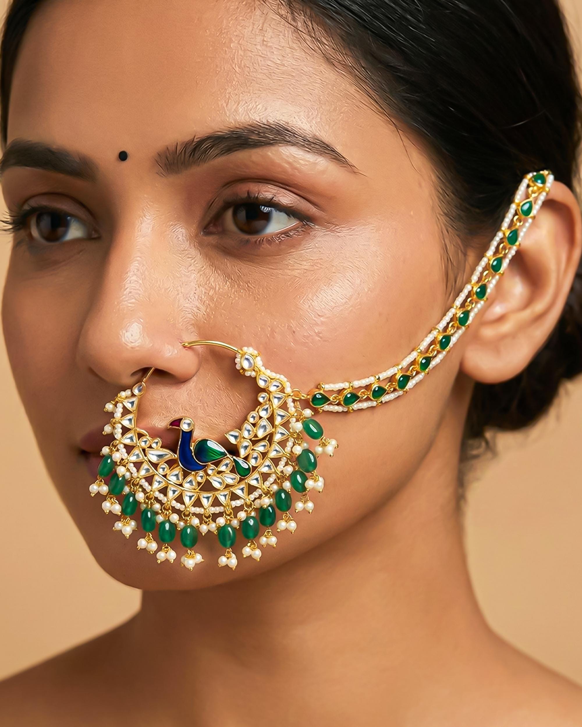 Royal Peacock Meenakari Bridal Nath | Gold Plated Kundan Emerald Nose Ring with Sahara Chain