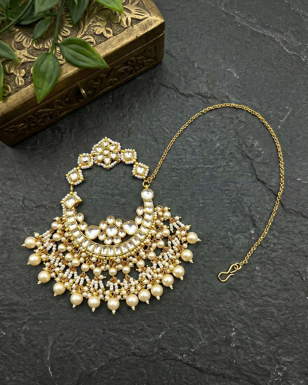 Heavy Kundan Bridal Nath | Ruby Emerald Accents, Pearl Waterfall Nose Ring
