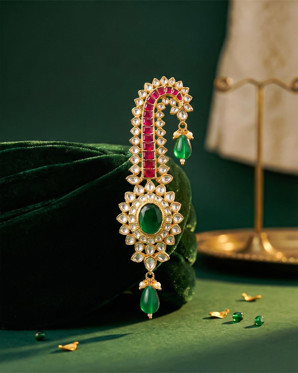 Royal Groom Kalangi Turban Brooch | Gold Plated Paisley Safa Pin with Kundan, Ruby, Emerald