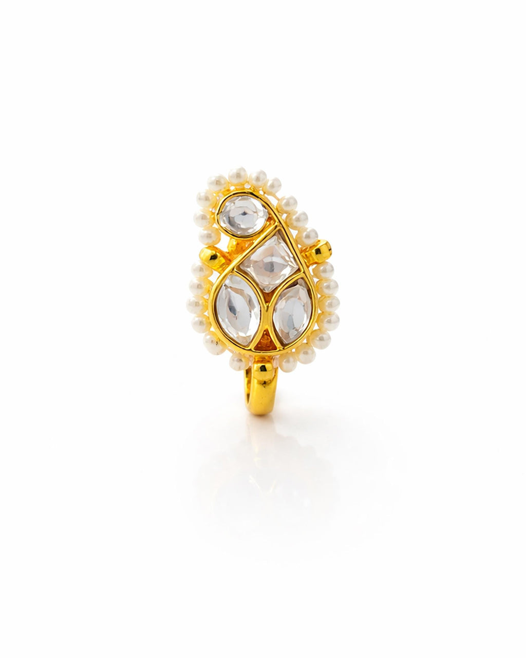 Clip on nose Paisley Kundan Clip On Nose Pin | Pearl Teardrop Non Pierced Nath