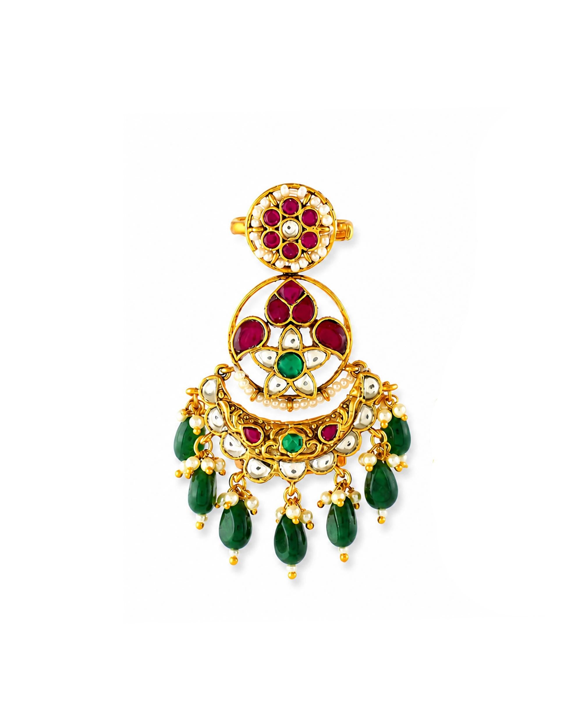 Traditional Kundan Adjustable Ring | Green & Ruby Red Stone Ring | Pearl Dangle Ethnic Ring | Indian Bridal Jewelry | Festive Statement Ring