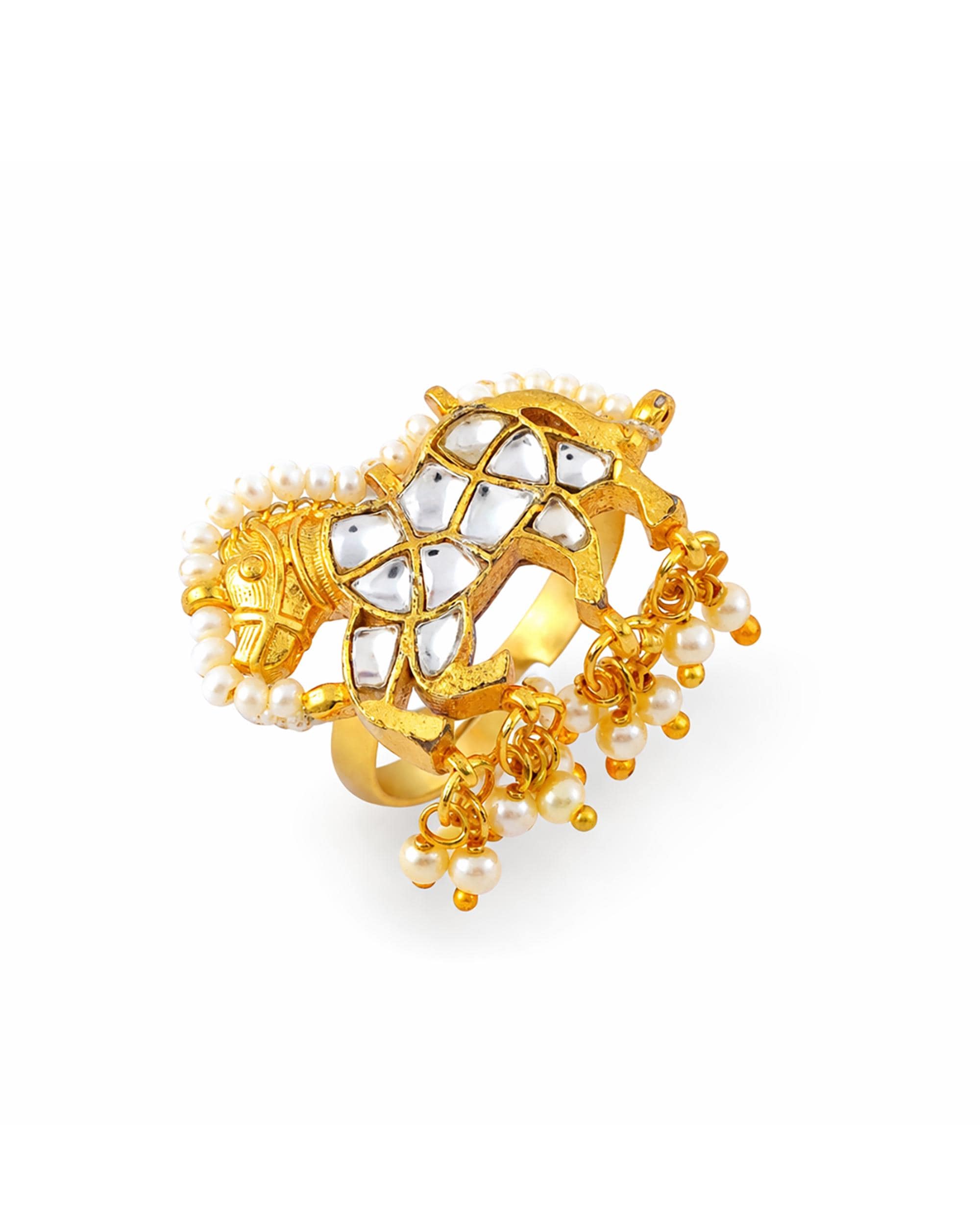 Royal Horse Kundan Ring with Pearl Drops | Gold Plated Rajasthani Statement Jewelry