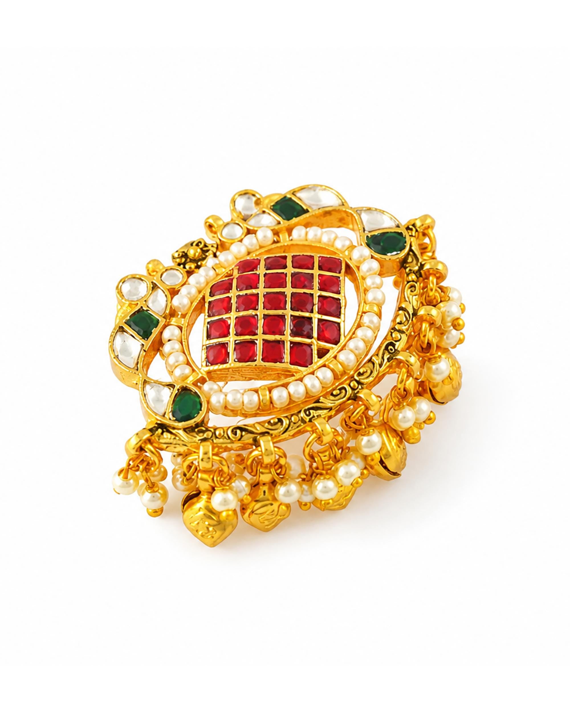 Gold Plated Kundan Cocktail Ring | Ruby Red Gemstones, Pearls, Adjustable Shank