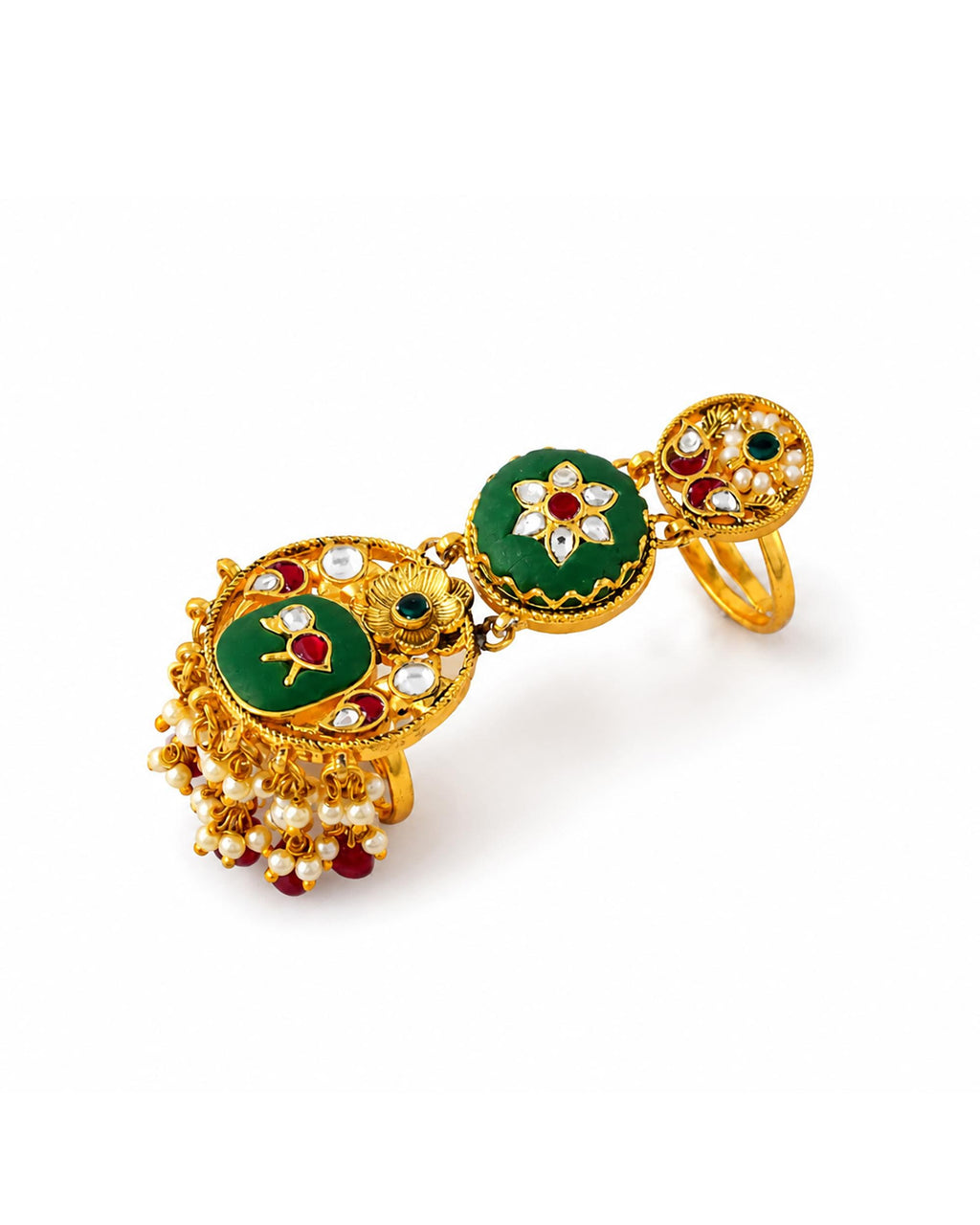 Devyani Multi Tier Jadau Ring | Hathphool Kundan Hand Armor | Green Meenakari Bridal Statement Jewelry
