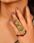 Devyani Multi Tier Jadau Ring | Hathphool Kundan Hand Armor | Green Meenakari Bridal Statement Jewelry