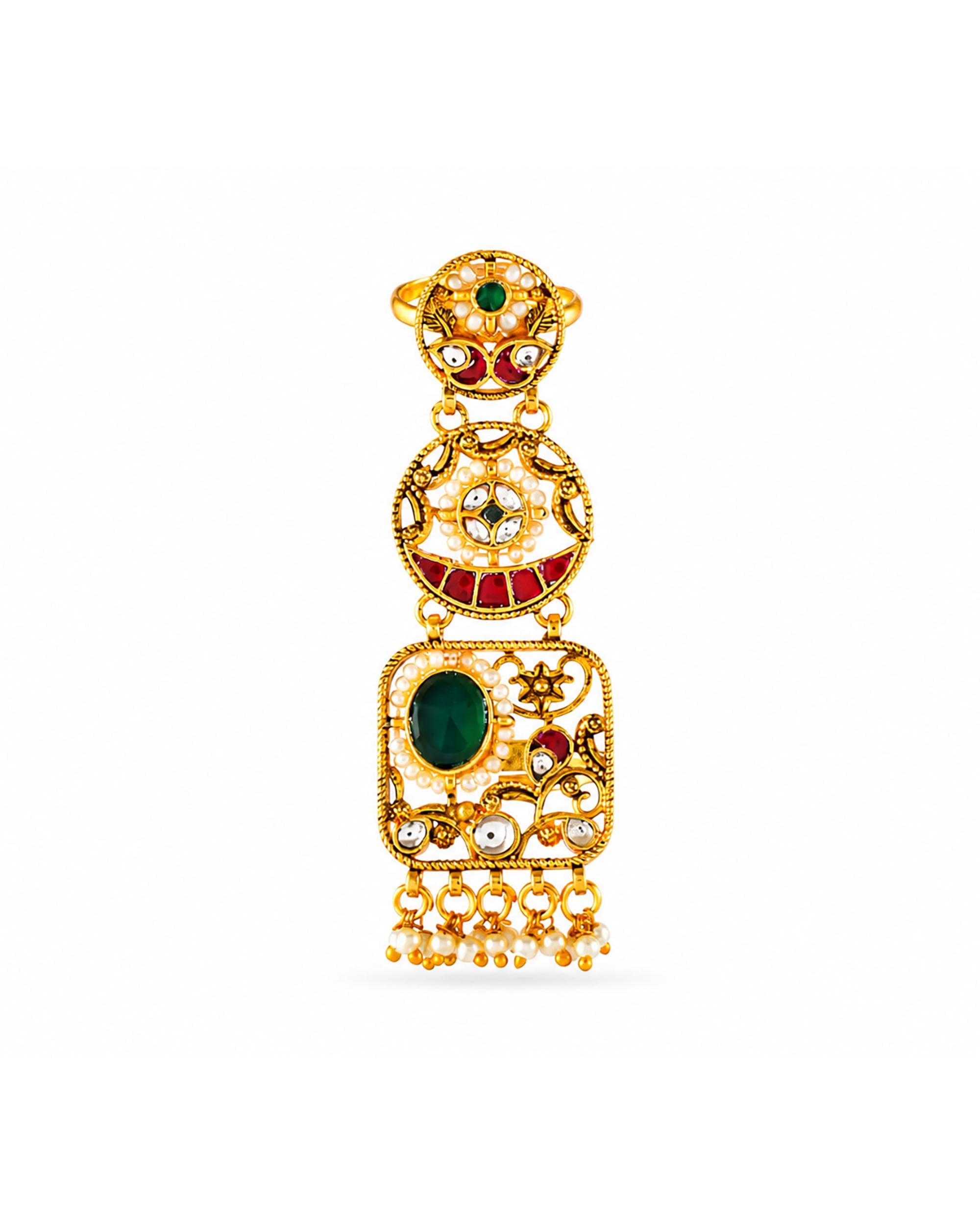 Royal Hathphool Armor Ring | Gold Plated Kundan Statement Ring with Pearls