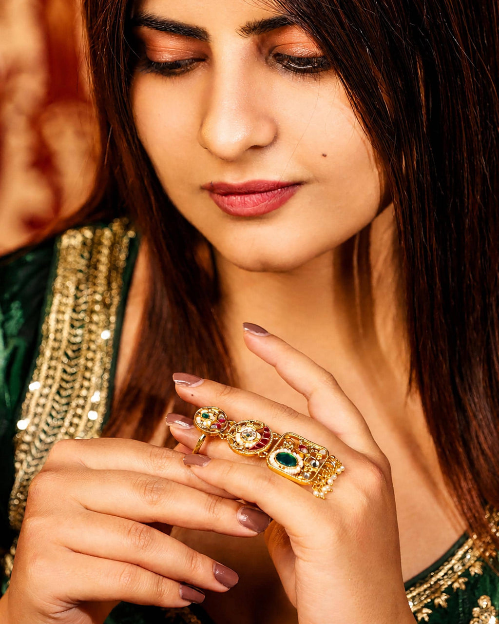 Royal Hathphool Armor Ring | Gold Plated Kundan Statement Ring with Pearls