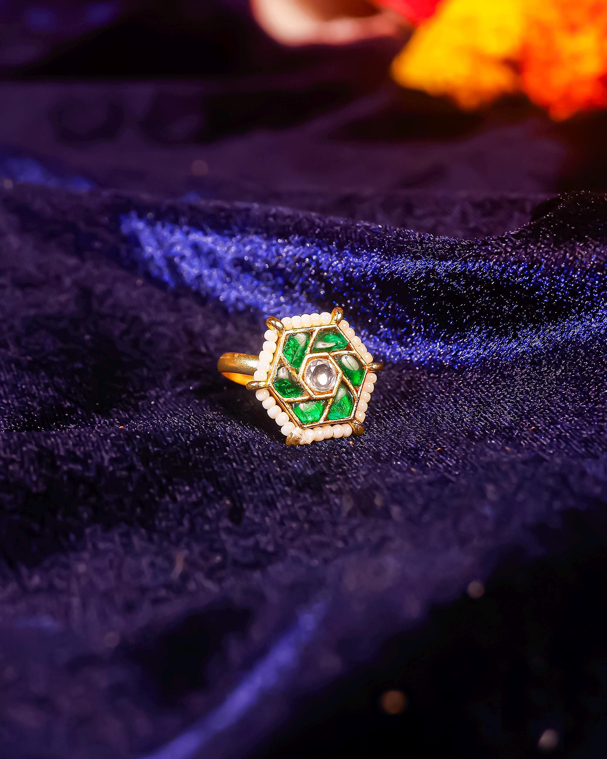 Hexagonal Emerald Kundan Ring | Gold Plated Statement Ring with Pearl Border, Indian Ethnic Jewelry