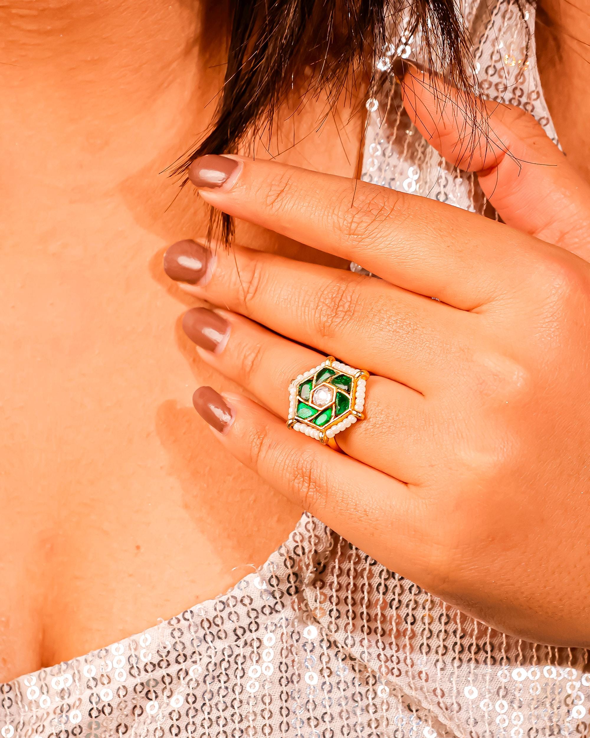 Hexagonal Emerald Kundan Ring | Gold Plated Statement Ring with Pearl Border, Indian Ethnic Jewelry