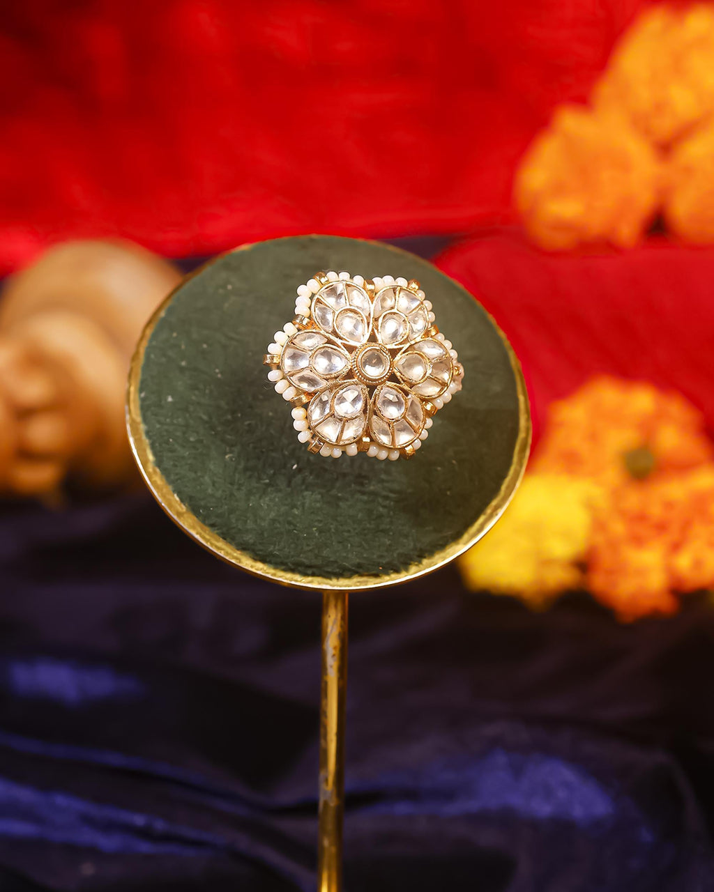Floral Kundan Ring with Pearl Border | Adjustable Antique Gold Statement Ring
