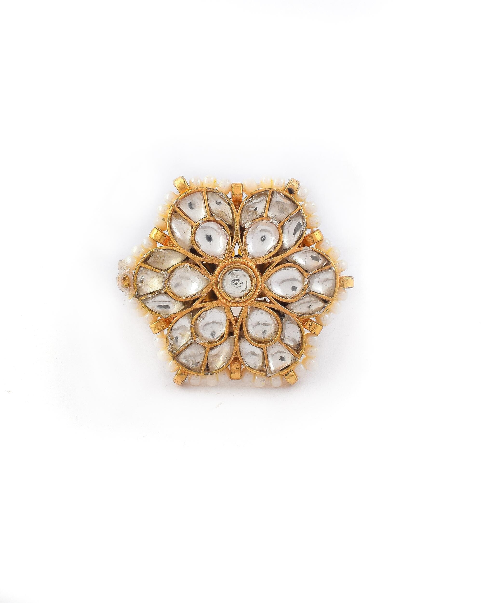 Floral Kundan Ring with Pearl Border | Adjustable Antique Gold Statement Ring