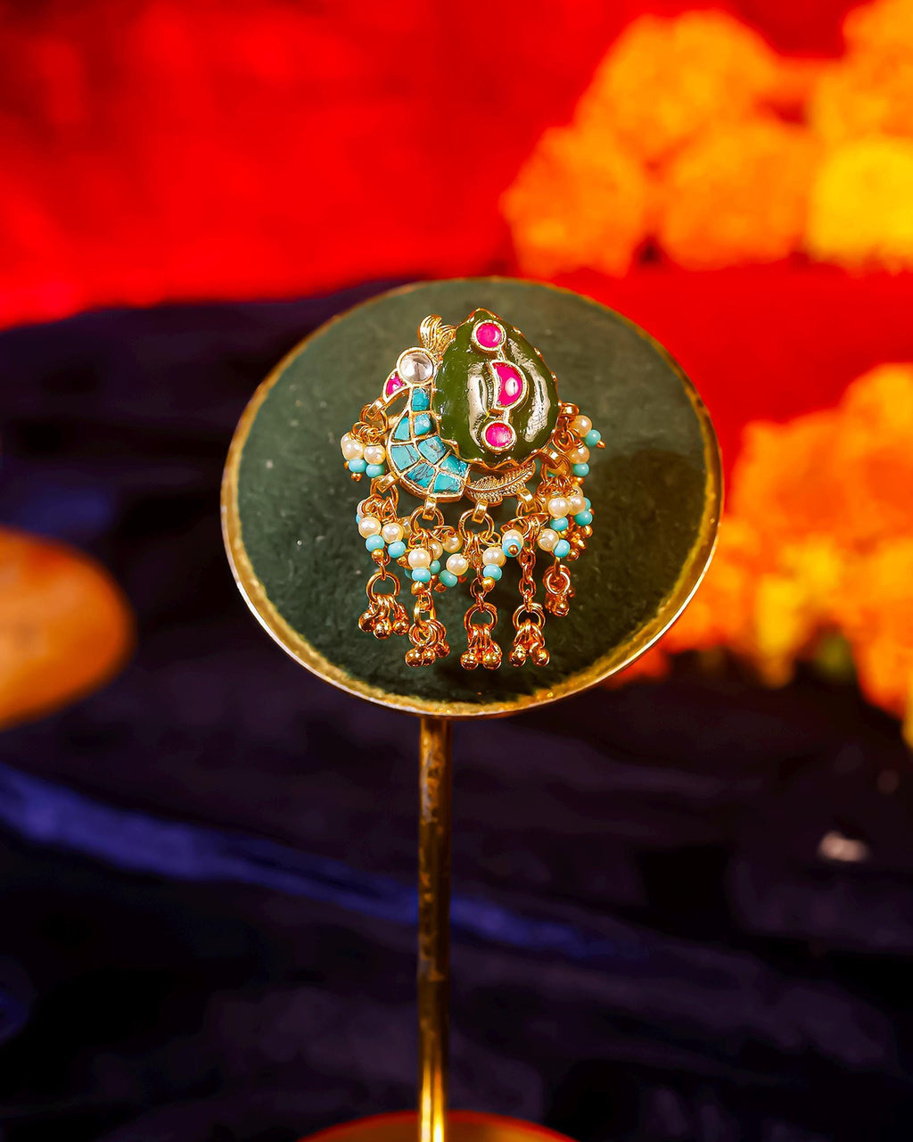 Chandbali Kundan Ring with Pearl Border | Antique Gold Jaipur Statement Ring