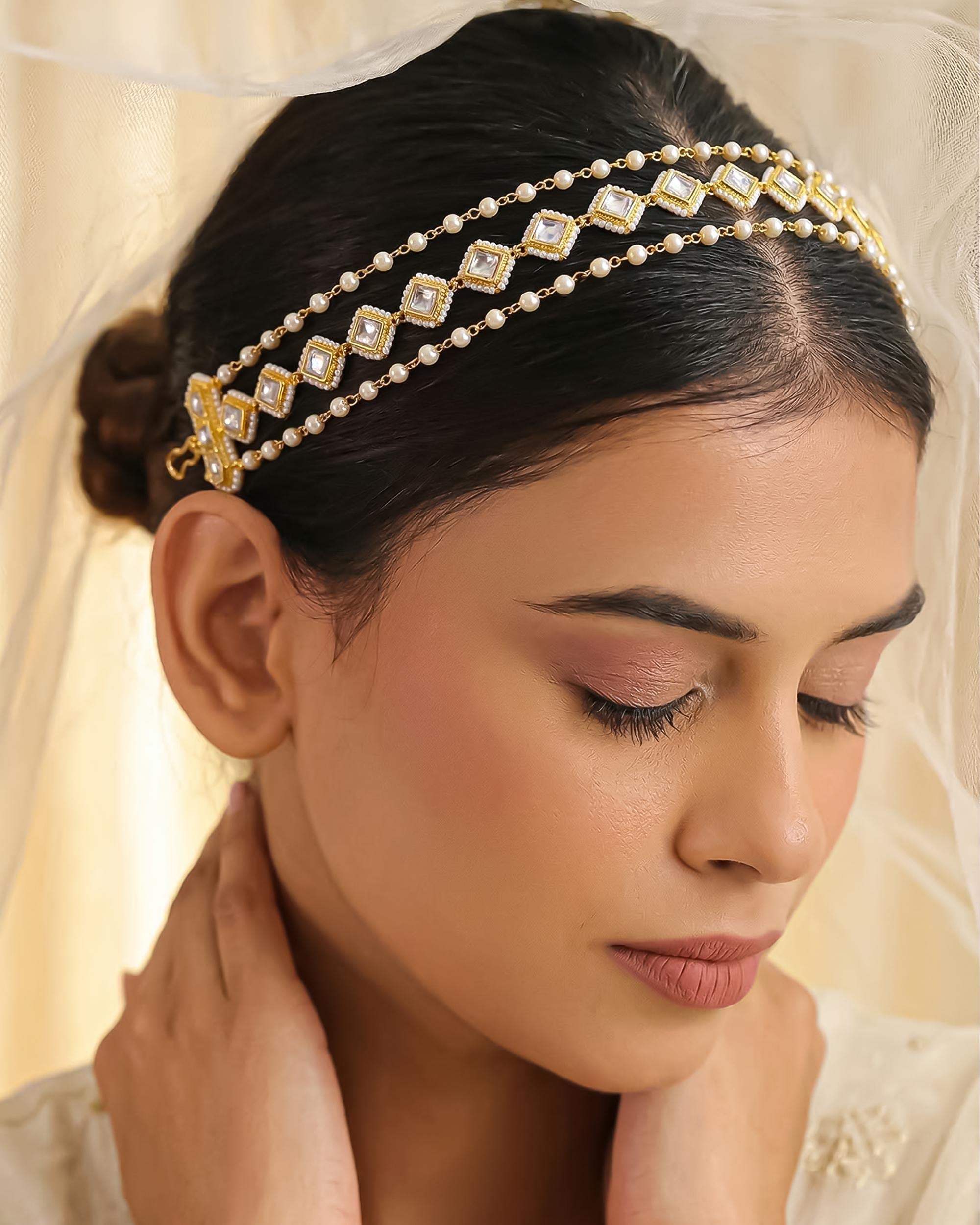 Kundan Pearl Sheeshpatti | Traditional Bridal Matha Patti Headpiece, Indian Wedding Jewelry