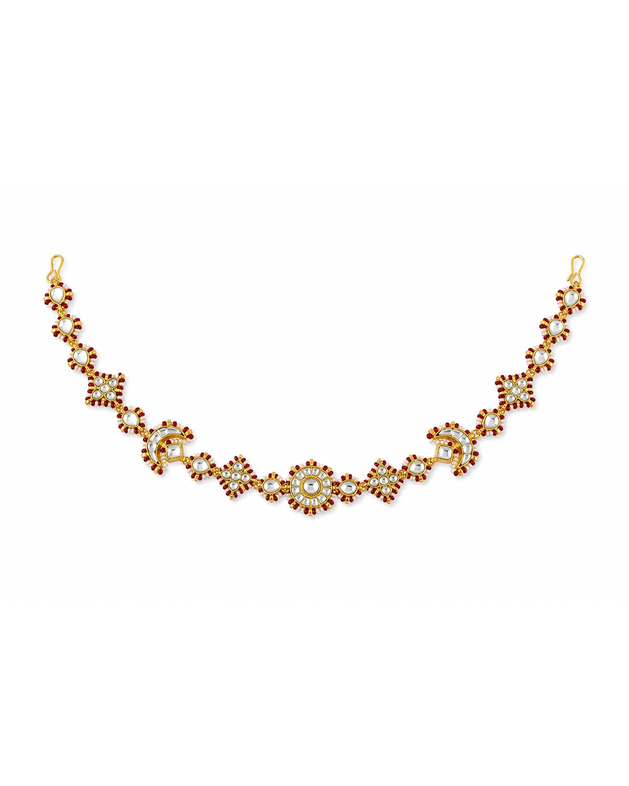 Antique Gold Kundan Sheeshpatti | Red Meenakari Bridal Headpiece, Indian Wedding Jewelry