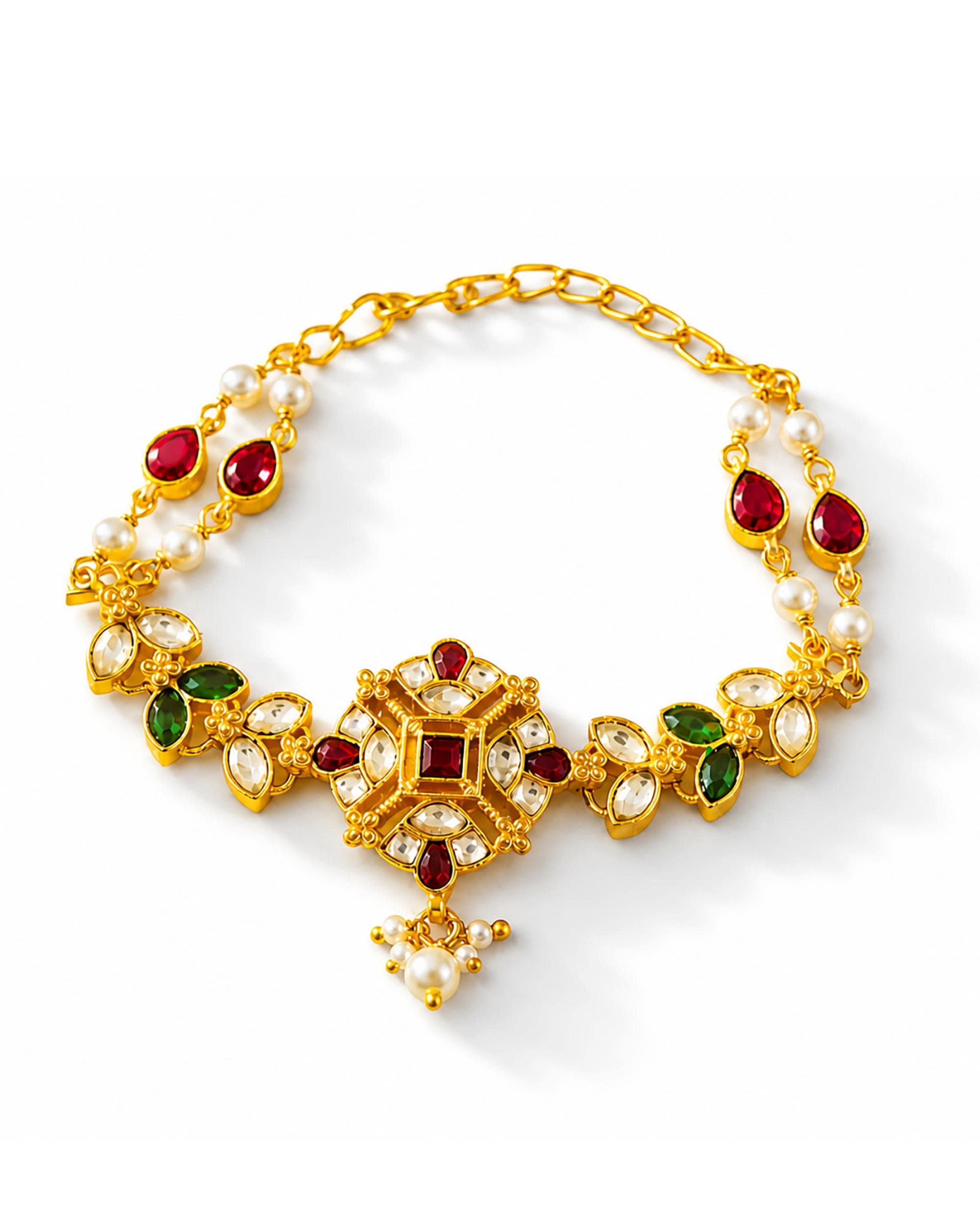 Royal Red Green Kundan Sheeshpatti | Antique Gold Bridal Matha Patti Head Jewelry