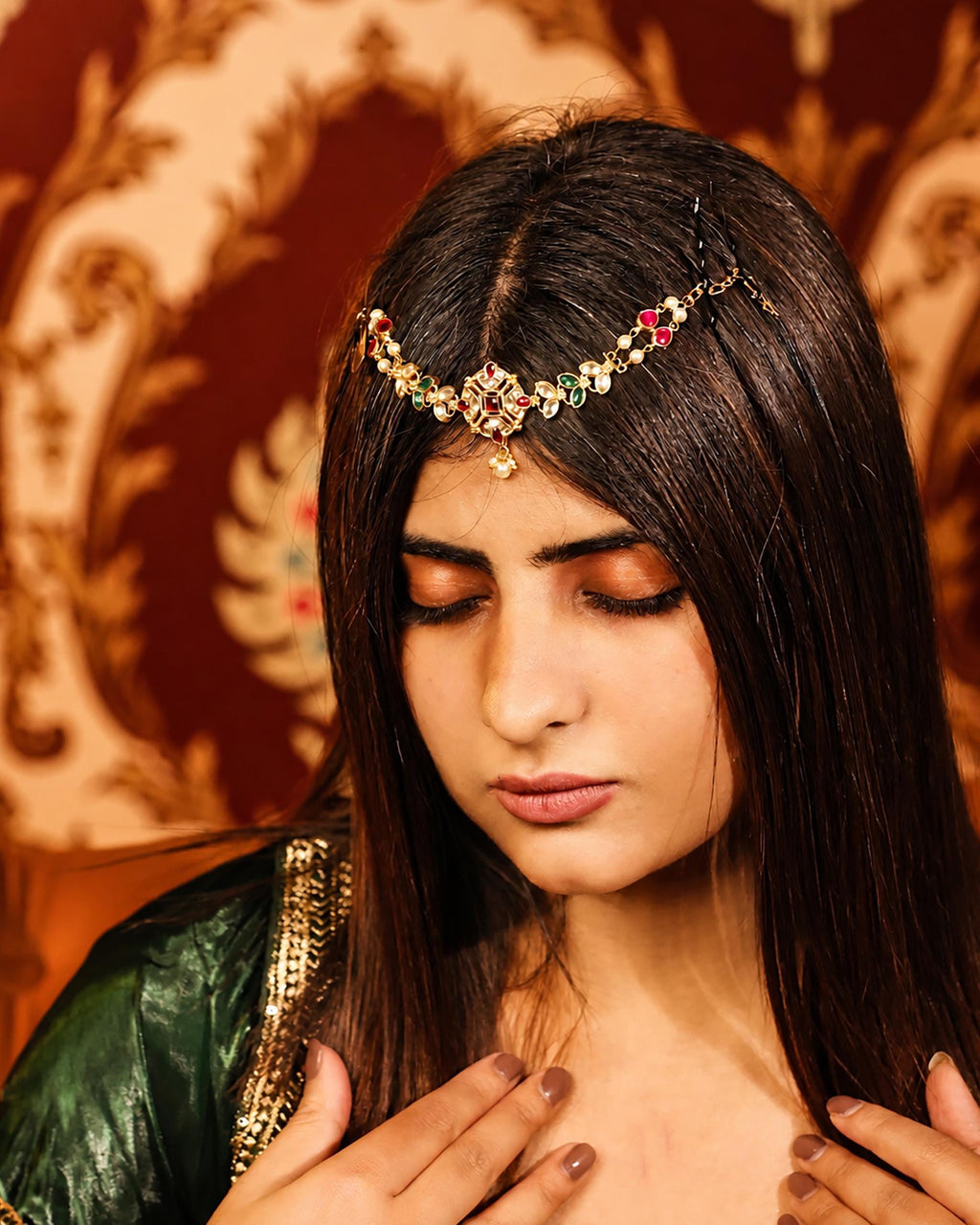 Royal Red Green Kundan Sheeshpatti | Antique Gold Bridal Matha Patti Head Jewelry
