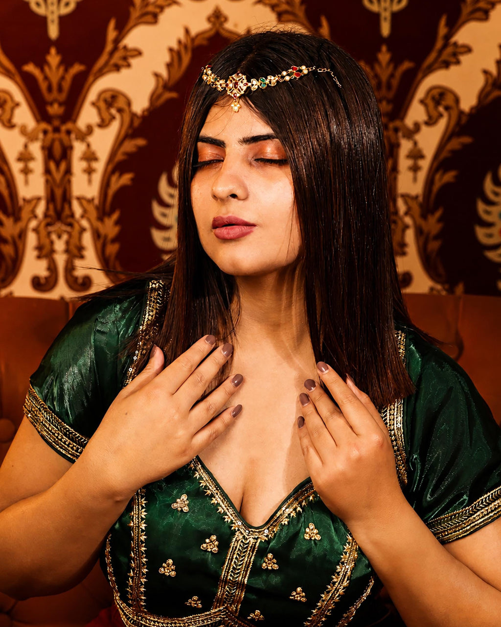 Royal Red Green Kundan Sheeshpatti | Antique Gold Bridal Matha Patti Head Jewelry