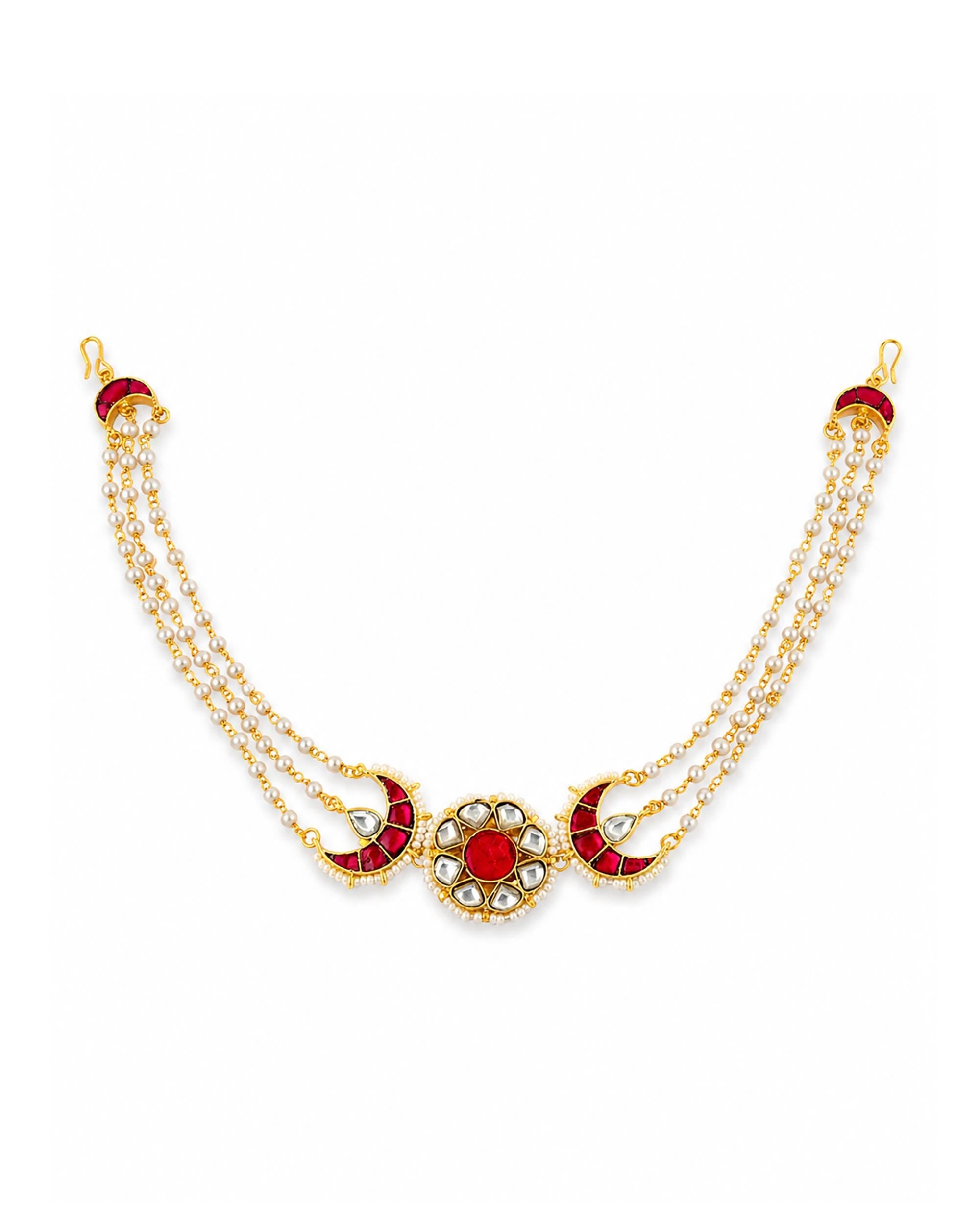 Celestial Kundan Pearl Sheeshpatti | Red Stone Bridal Matha Patti | Traditional Indian Wedding Hair Jewelry