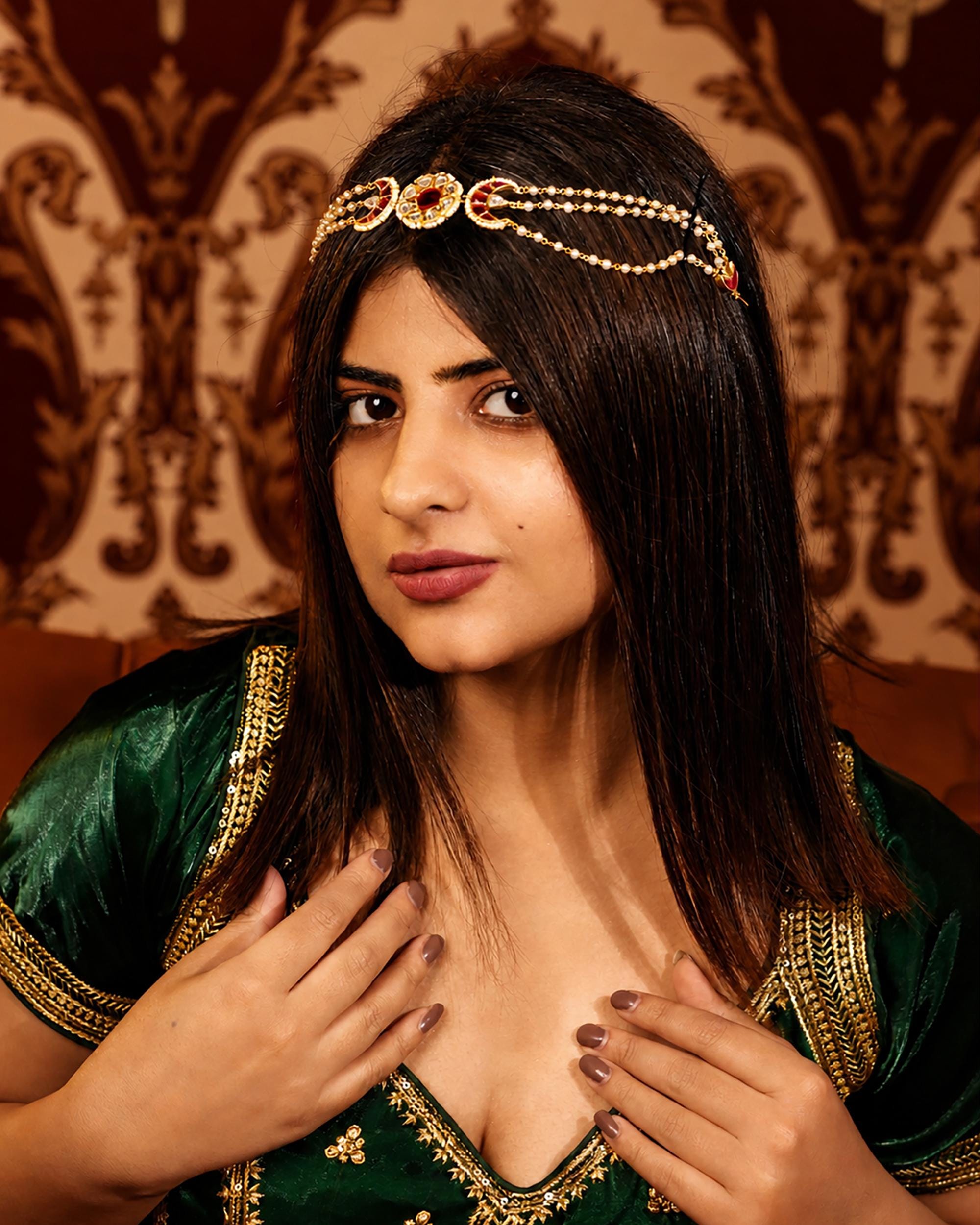 Celestial Kundan Pearl Sheeshpatti | Red Stone Bridal Matha Patti | Traditional Indian Wedding Hair Jewelry